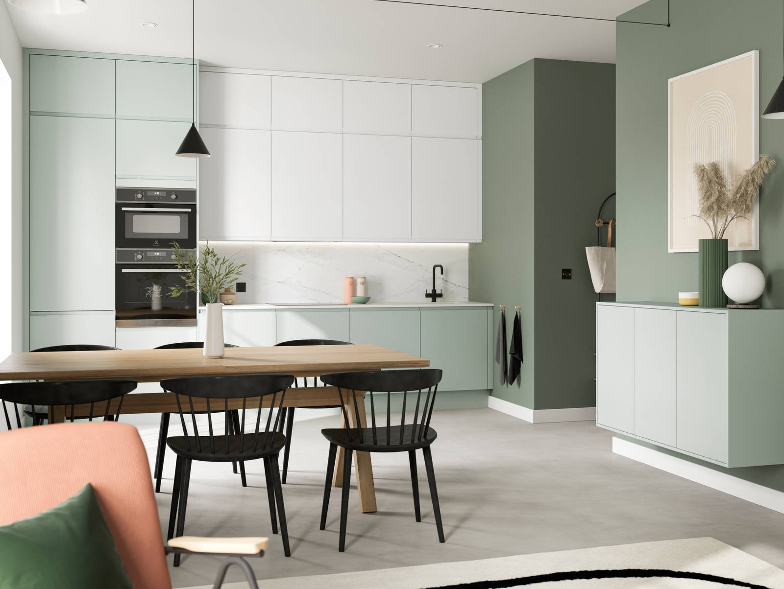 Minimalist kitchen design Luna, in the light and airy green shade Seagrass, with its integrated handle that gives any kitchen a beautiful, sleek finish.