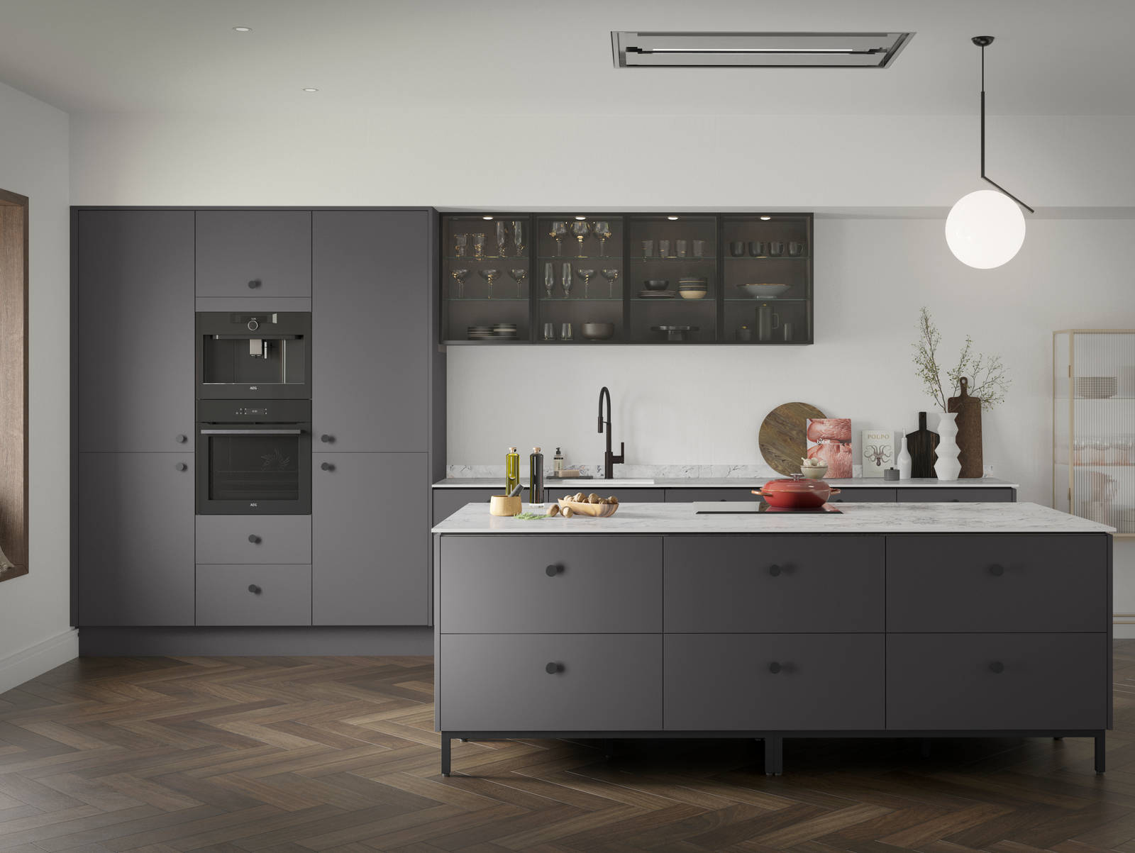 Soho Charcoals kitchen, a premium painted slab door from Magnet, with fluted glass Nordic Nature wall cabinets.