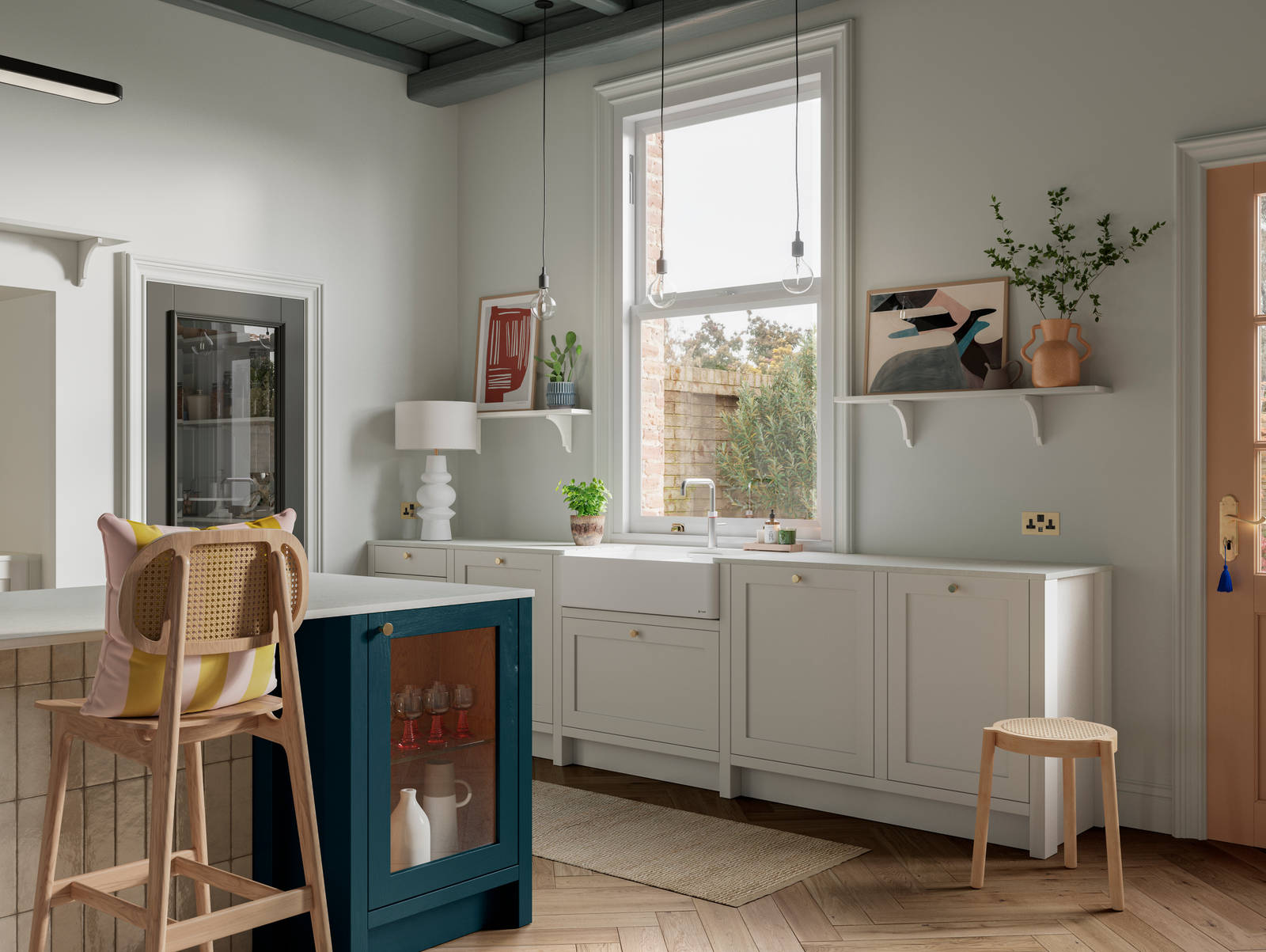 Traditional shaker kitchen Wardley with modern shades and decorations. A blue kitchen island.