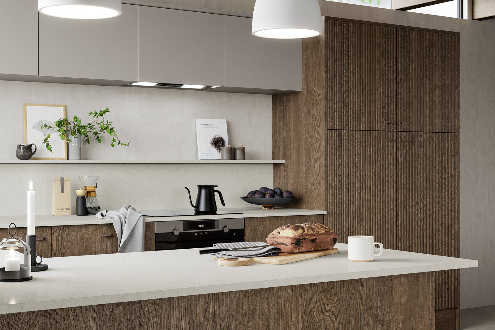 Nordic Nature. Modern wooden kitchen design with a Nordic influence. Featured floating worktops, a ribbed plinth and rounded end panels.