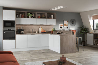 Nova by Magnet. Affordable slab door kitchen available in matt and super glass. 6 colours to choose from.