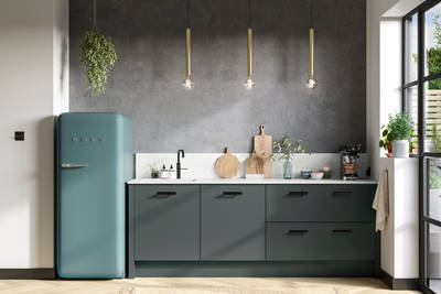 Straight view of modern Soho Arboretum kitchen with black tap and handles, dark grey marbled wall and blue Smeg fridge.