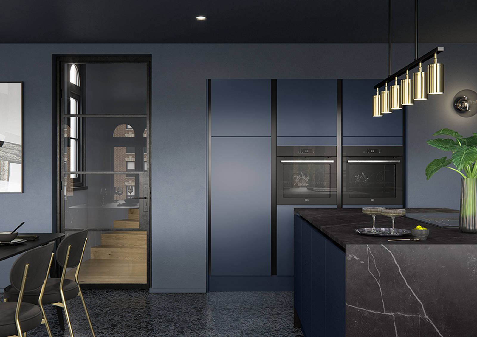 Integra Hoxton Kitchen from Magnet available in metallic midnight blue. Smooth slab doors and a painted effect finish.