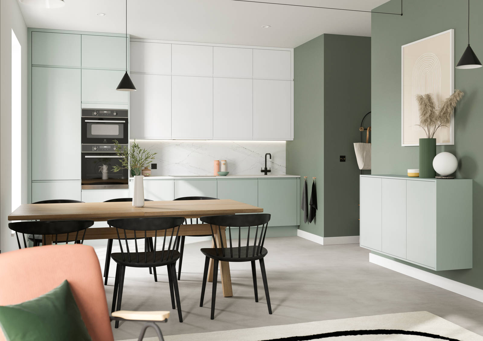 Minimalist kitchen design Luna, in the light and airy green shade Seagrass, with its integrated handle that gives any kitchen a beautiful, sleek finish.
